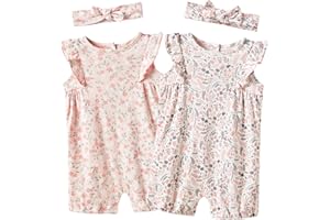Minicoco Baby Girls Ruffled Sleeve Rompers Toddler Girls Jumpsuits One-Piece Cotton Outfits