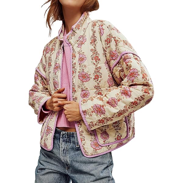 Meyhad Womens Cropped Quilted Lightweight Jackets Floral Printed