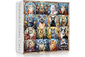 PICKFORU Stained Glass Puzzle Cat Puzzles for Adults 1000 Pieces, Colorful Kitty Kitten Collage Puzzles 1000 Pieces, Hard Difficult Impossible Challenging Jigsaw Puzzles for Adults