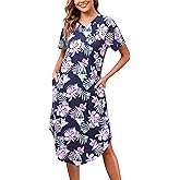 PNAEONG Women Short Sleeve Long Nightgown Soft Cotton Sleepwear Nightshirts Loungewear with Pockets