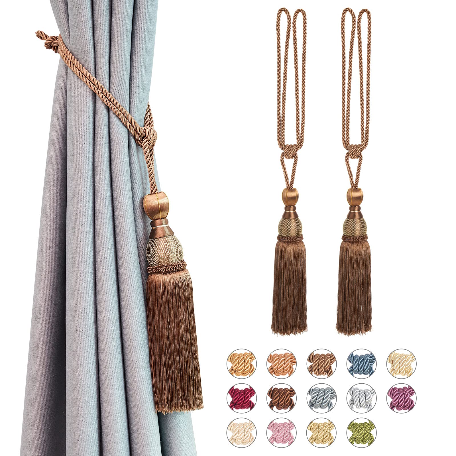 Pretty Jolly 2 Pack Mesh Ball Tassel Curtain Tiebacks European Vintage Style Curtain Holdbacks Handmade Braided Rope Decorative Drape Tie Backs for Home and Office Window Drapery (Light Coffee)