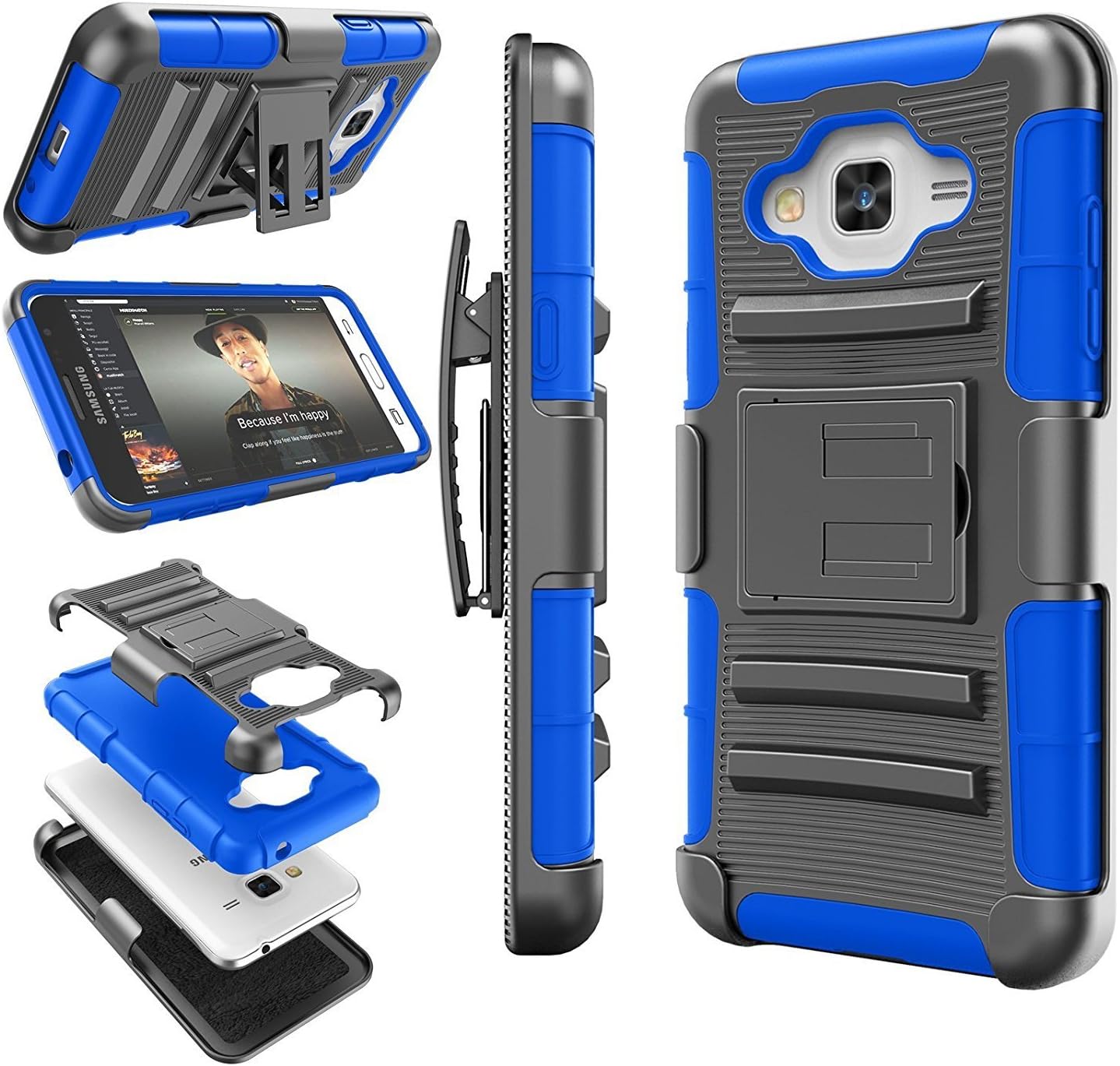 Galaxy J3 2016 Case, Eutekcoo [Holster Belt Clip] & [Built-in Kickstand] [Heavy Duty] Shock Absorbing Hard Cover Ultra Protective Case For Samsung Galaxy J3 2015&2016 (Blue)