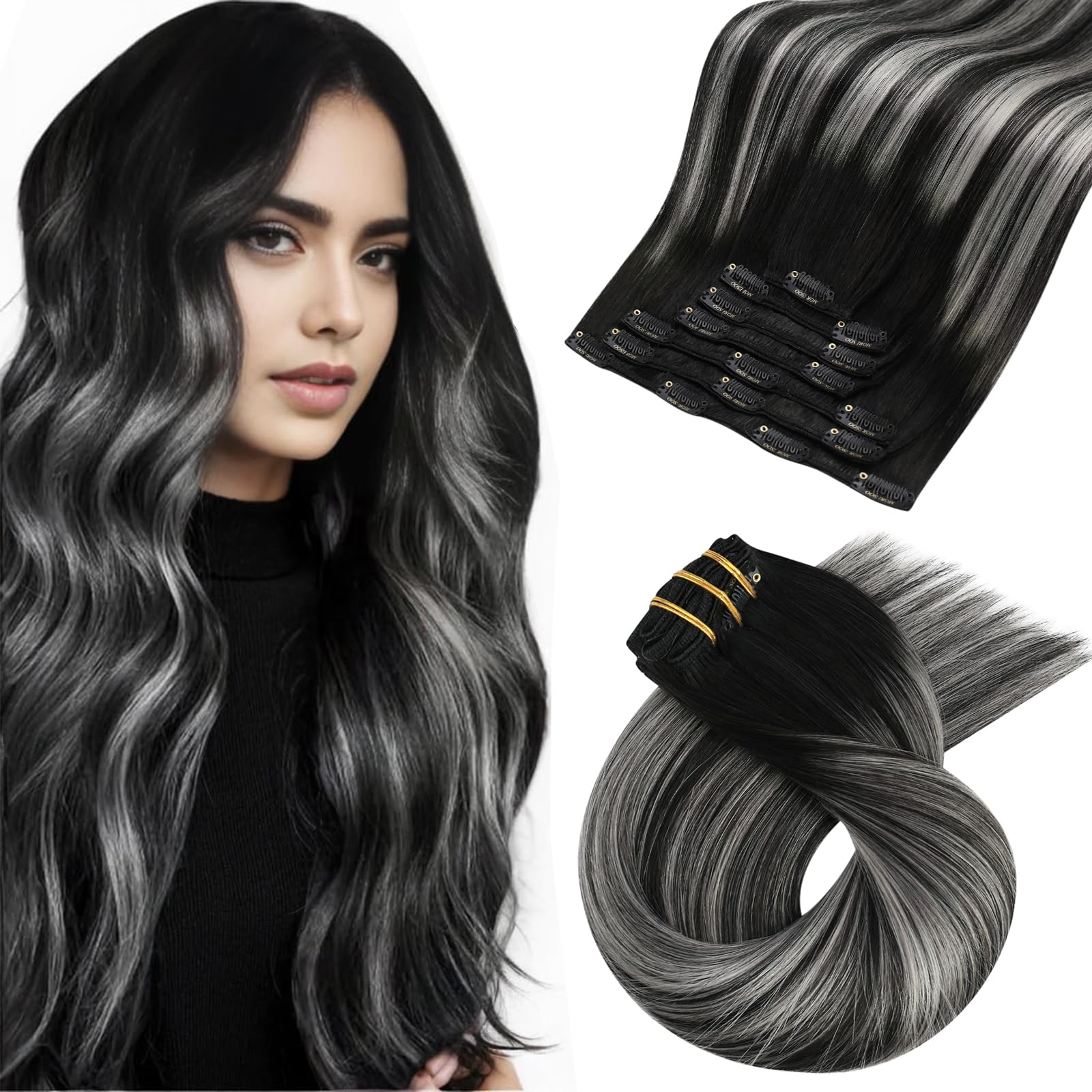 Moresoo Clip in Hair Extensions Real Human Hair Black Ombre to Silver Clip in Human Hair Extensions 24 Inch Remy Straight Hair 7 Pieces/120g #1B/S/1B — image 1