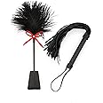 MALINERO Black Faux Leather Whip 18" Feather Tickler 15" Set - Equestrian Horse Riding Whip - French Tickler - Whip Feather