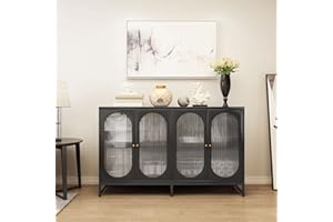 QEIUZON Accent Storage Cabinet, Kitchen Sideboard Cabinet with Tempered Glass Doors and Adjustable Shelves, Sideboard Buffet Table Storage Cabinet Console Table for Home Kitchen Living Room Hallway, Black