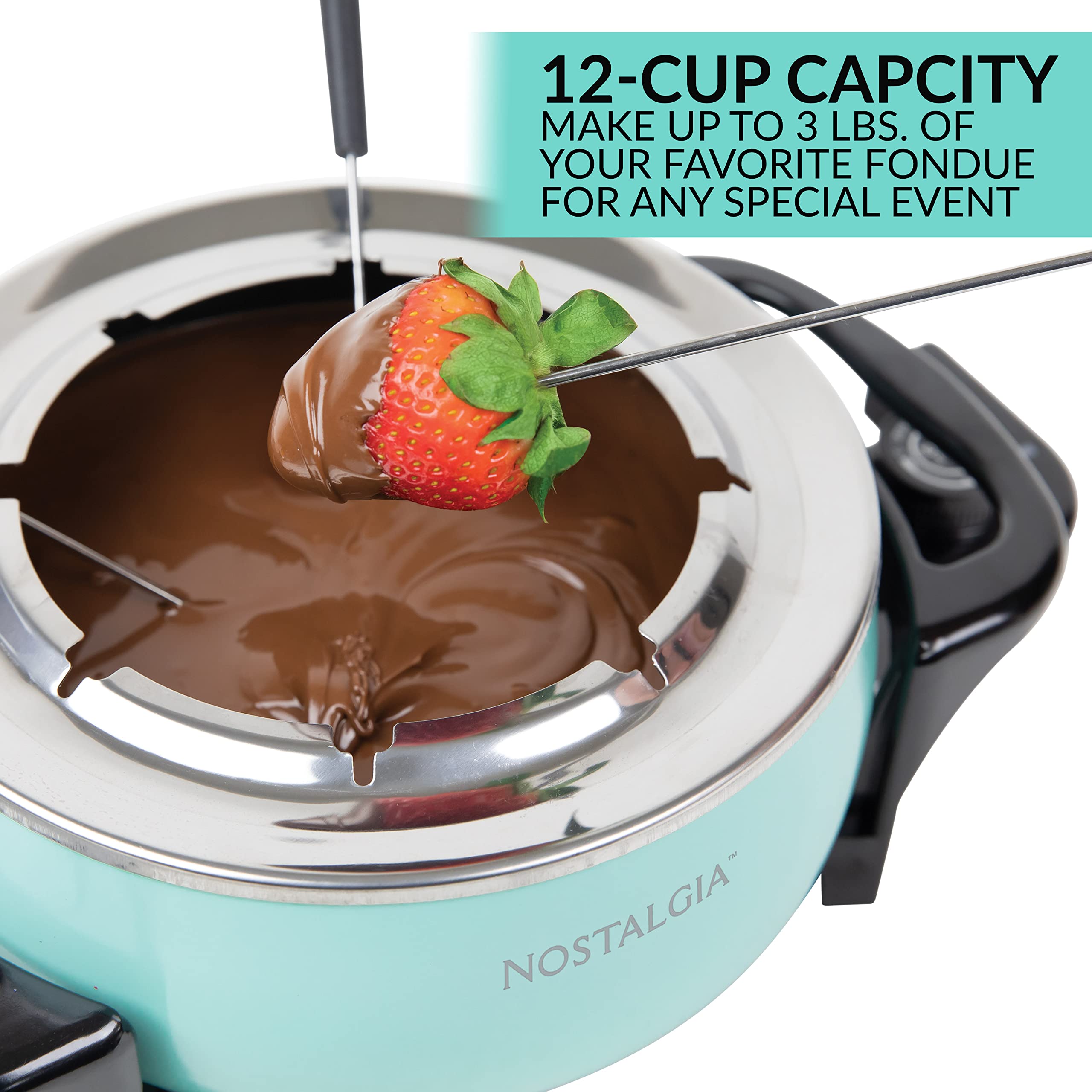 Nostalgia 12-Cup Electric Fondue Pot Set for Cheese & Chocolate - 8 Color-Coded Forks, Temperature Control - Stainless Steel Kitchen Gadgets and Appliances for Hors d'Oeuvres and More - Aqua
