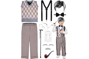 ShinyMatch 11 Pcs Halloween Old Man Costume for Kids Boys Grandpa Vest Glasses Set 100 Days of School Costume Cosplay Supply