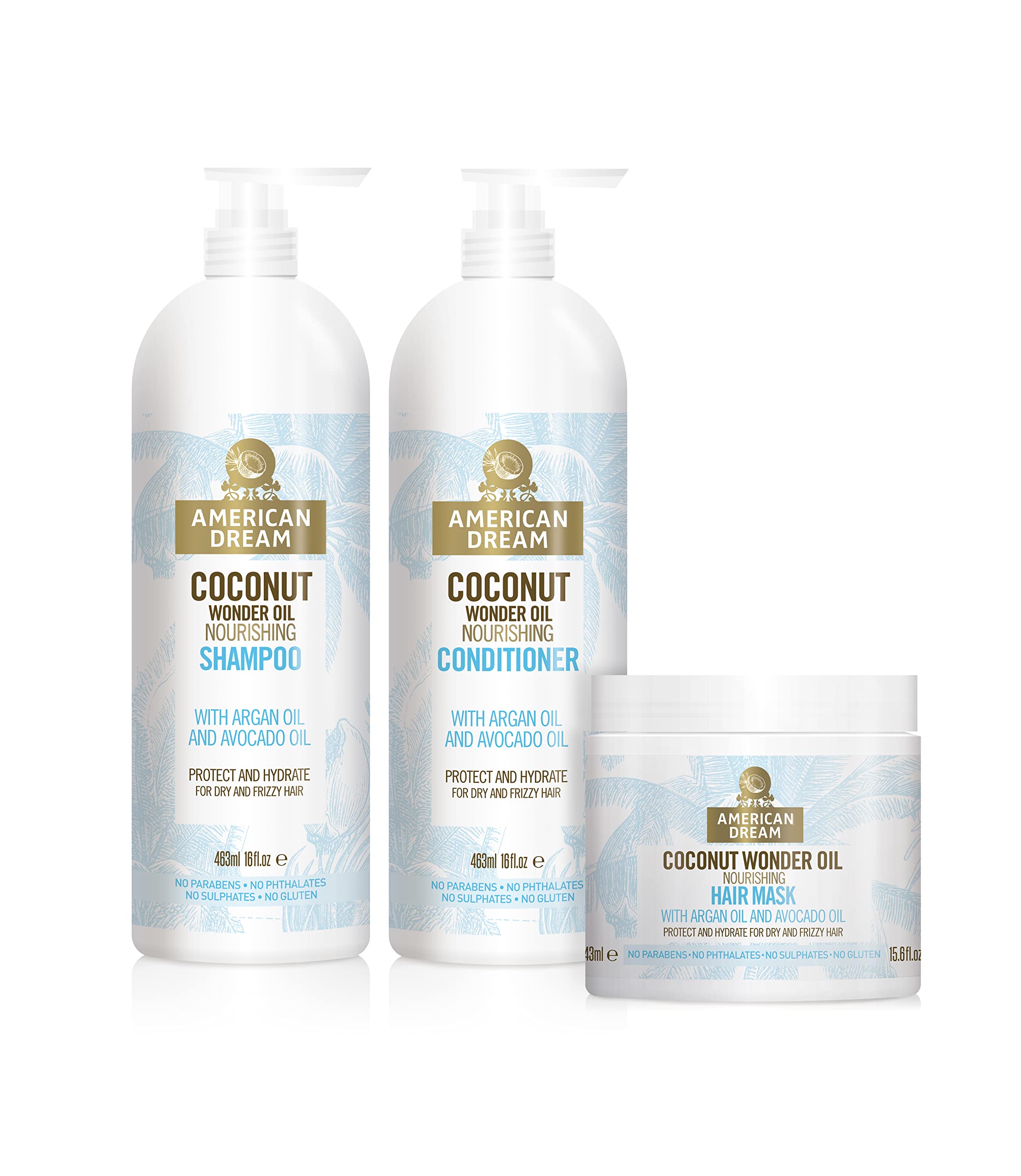 Coconut Wonder Oil Complete Haircare Set Comprising 16oz Shampoo, 16oz Conditioner & 16oz Hair Treatment Mask