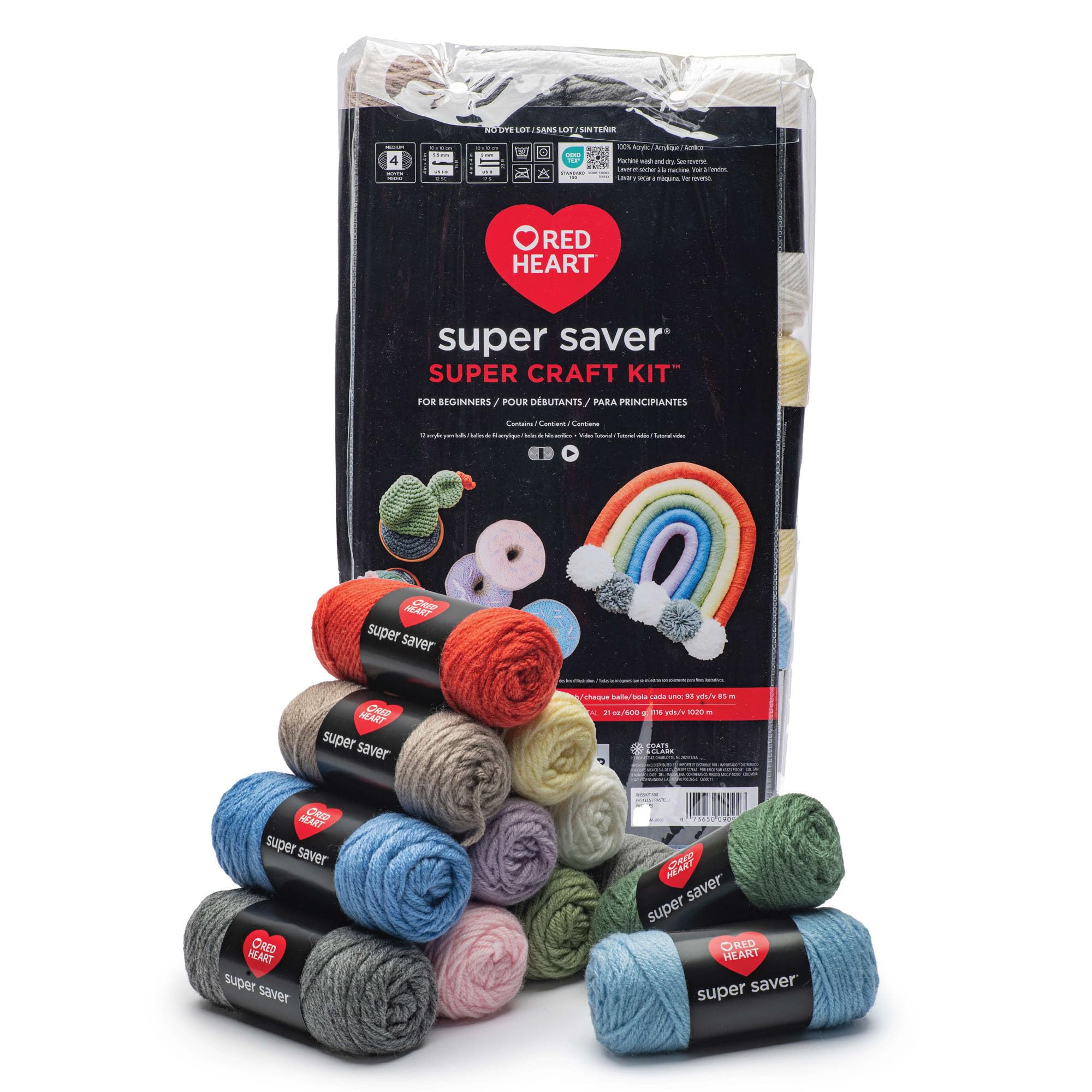 Red Heart Super Saver Yarn Super Craft Kit Pastels, with 12 Pack of 50g/1.7 oz. 4 Medium Worsted Yarn for Knitting & Crocheting, 12 Colors, Perfect for Chunky Sweaters, Blankets, Amigurumi