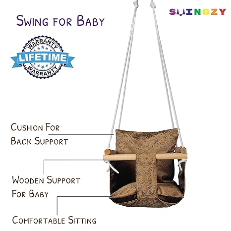 Swingzy Wooden Hanging Swing Seat Chair with Cushions for Baby, Infant, Toddler, Kids - Indoor and Outdoor Hammock, for Tree Swings or Backyard Outside Swing (Brown)