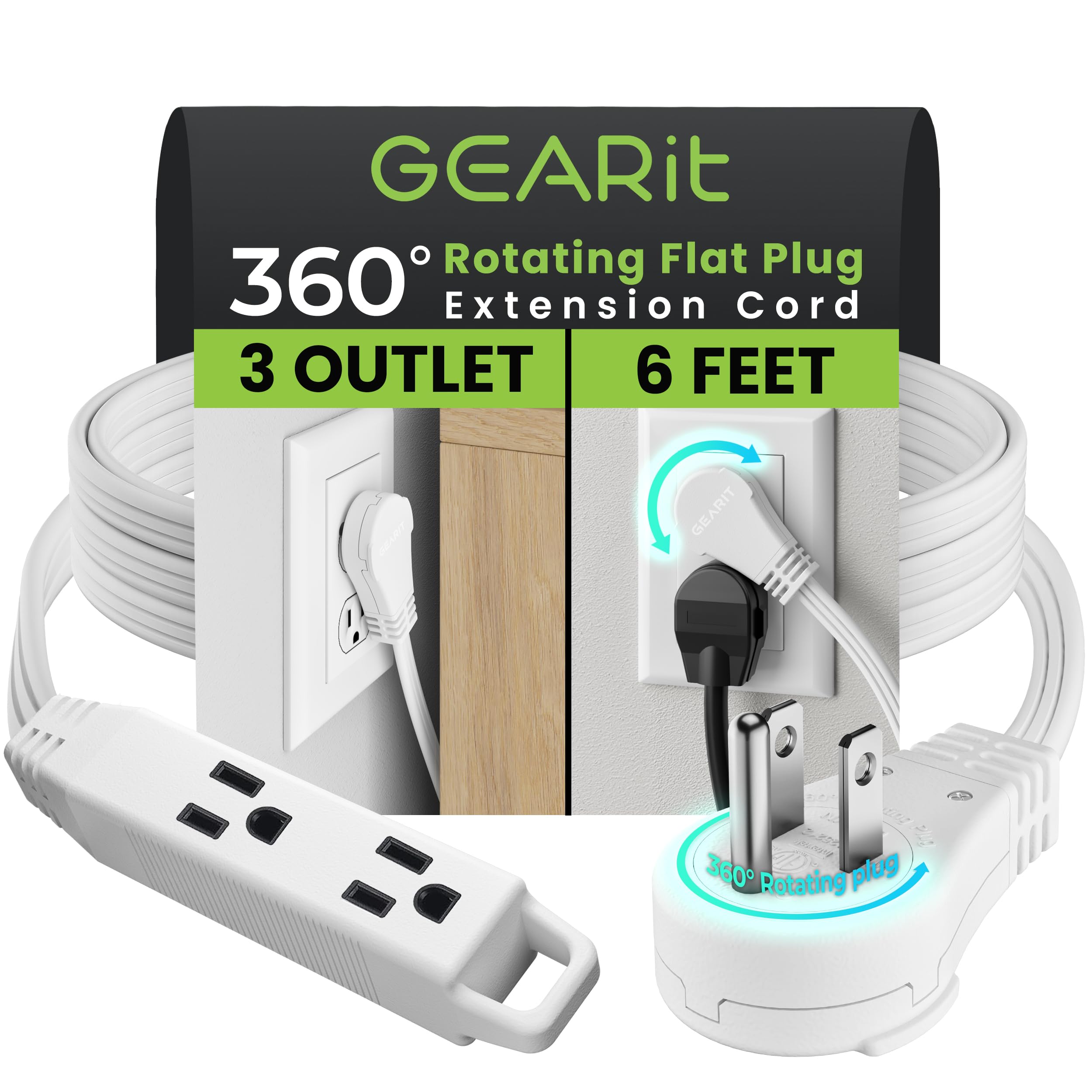 GEARit 360 Rotating Flat Plug Extension Cord