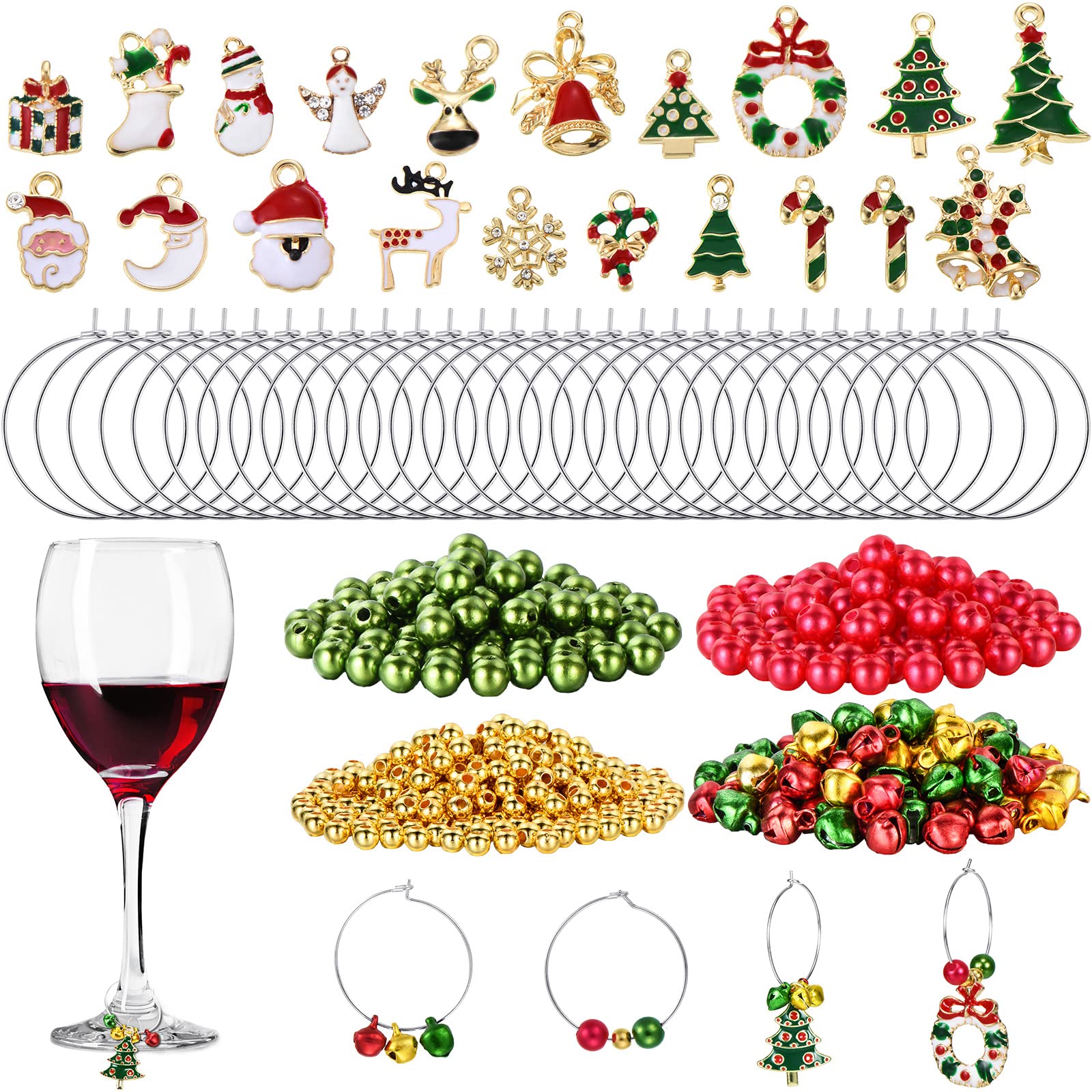WILLBOND 670 Pieces Christmas Wine Glass Charms Assorted Charm Pendant Wine Glass Charm Rings Christmas Bells Gold Beads Red Green Beads for Xmas Wine Glass Markers DIY Making Jewelry