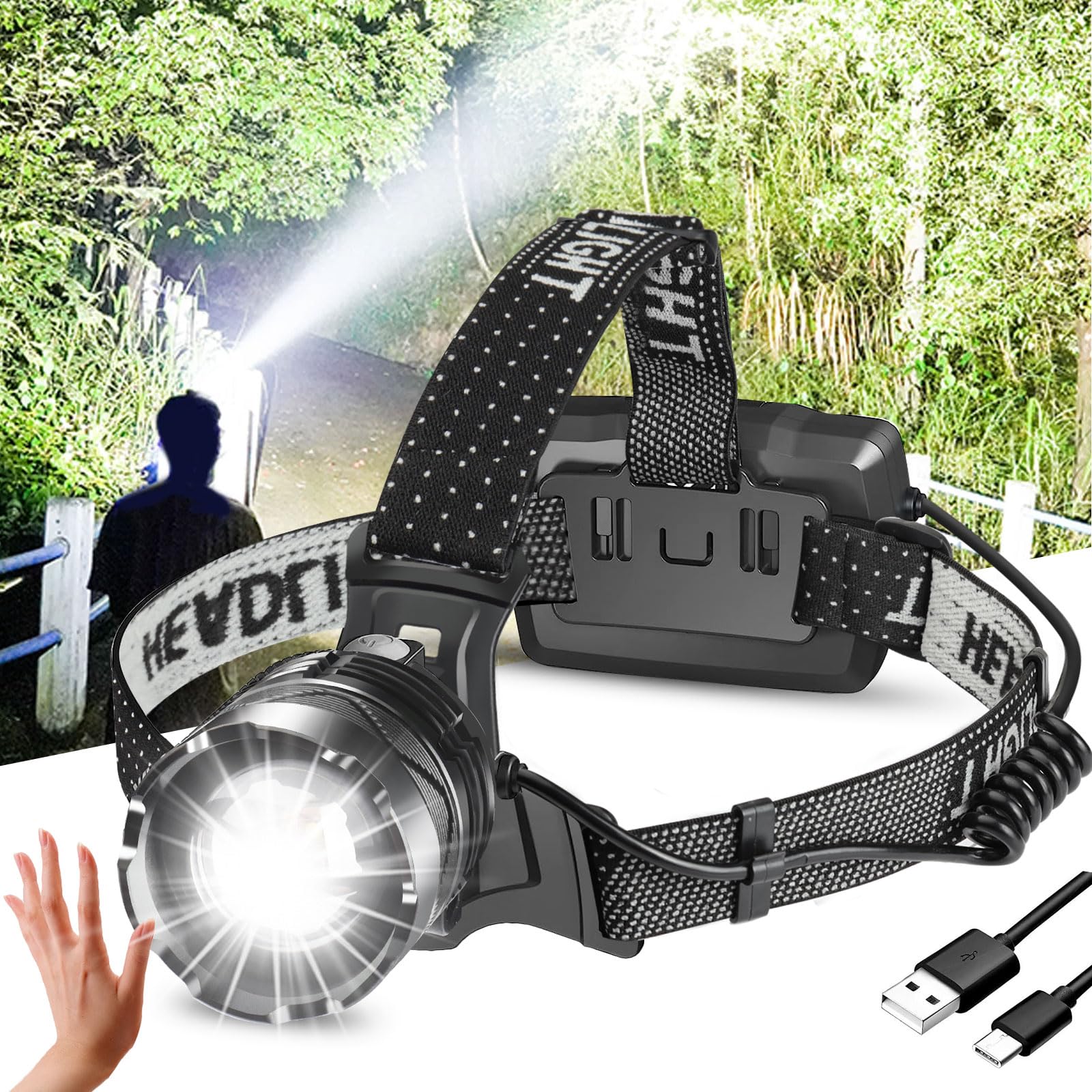 LED Rechargeable Headtorch, Headtouch, 120000 Lumens Bright Headlamp Torch with Motion Sensor, 8 Modes, 90°Adjustable, Sensor Function, Zoom, Waterproof Head Lamp for Camping, Running, Climbing