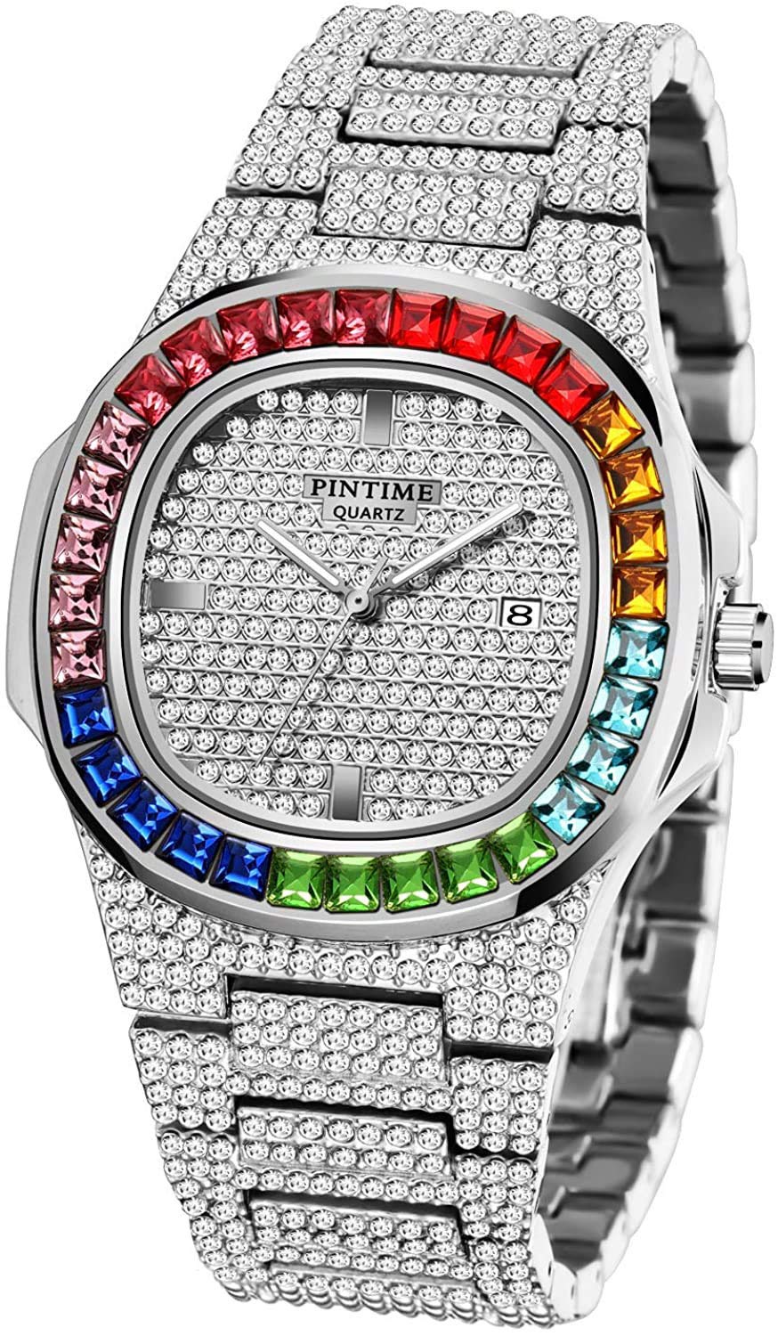 Luxury Bling-ed Out Colorful Full Diamond Watches Fashion Quartz Analog Stainless Steel Band Bracelet Wrist Watch, Silver, Quartz Movement