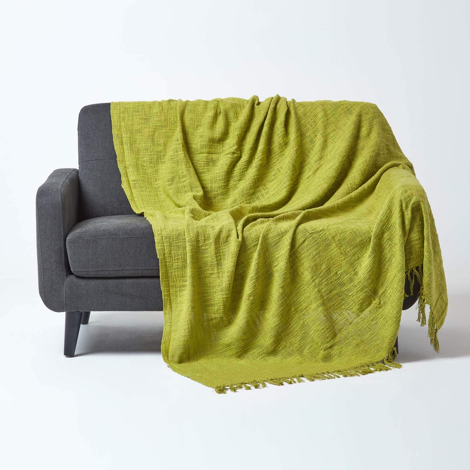 HOMESCAPES Nirvana Lime Green Handwoven 100% Pure Cotton Throw 60 x 80 Inches, Bedspread Blanket with Handknotted Tassles in Very Durable and Heavy Quality, Easy-Care and Washable at Home