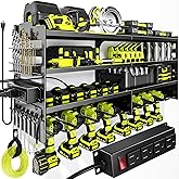 POKIPO Large Power Tool Organizer Wall Mount with Charging Station,4 Layer Heavy Duty Metal Tool Storage Rack Loads 600lbs with 8 Cordless Drill Holder,Battery Utility Rack Loads with 4 Power Strip