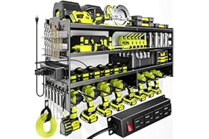 POKIPO Large Power Tool Organizer Wall Mount with Charging Station,4 Layer Heavy Duty Metal Tool Storage Rack Loads 600lbs with 8 Cordless Drill Holder,Battery Utility Rack Loads with 4 Power Strip