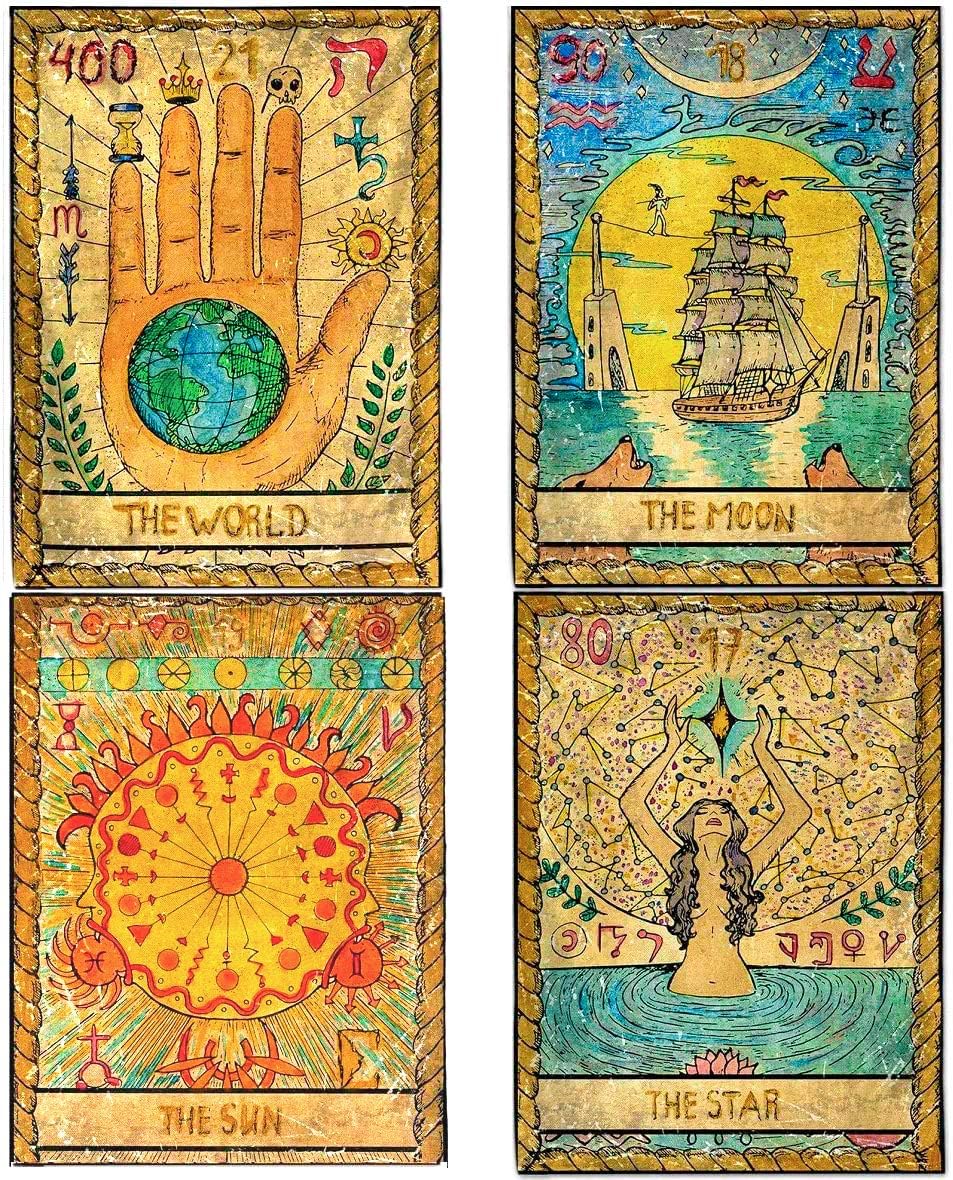 Tapestries - ZeeDix 4 Pcs Tarot Flag Tapestry- Small Tarot Card Europe Mysterious Medieval Tapestry, The World, The Sun, The Moon, The Star Astrology Divination Tapestry for Home Room with Seamless Nails