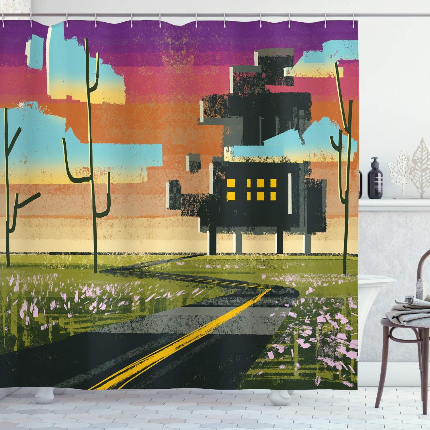 Amazon Com Ambesonne Fantasy Art House Decor Shower Curtain Trippy Futuristic Landscape Collage In Paint Effect Apartment In Cloud Fabric Bathroom Decor Set With Hooks 75 Inches Long Multi Home Kitchen