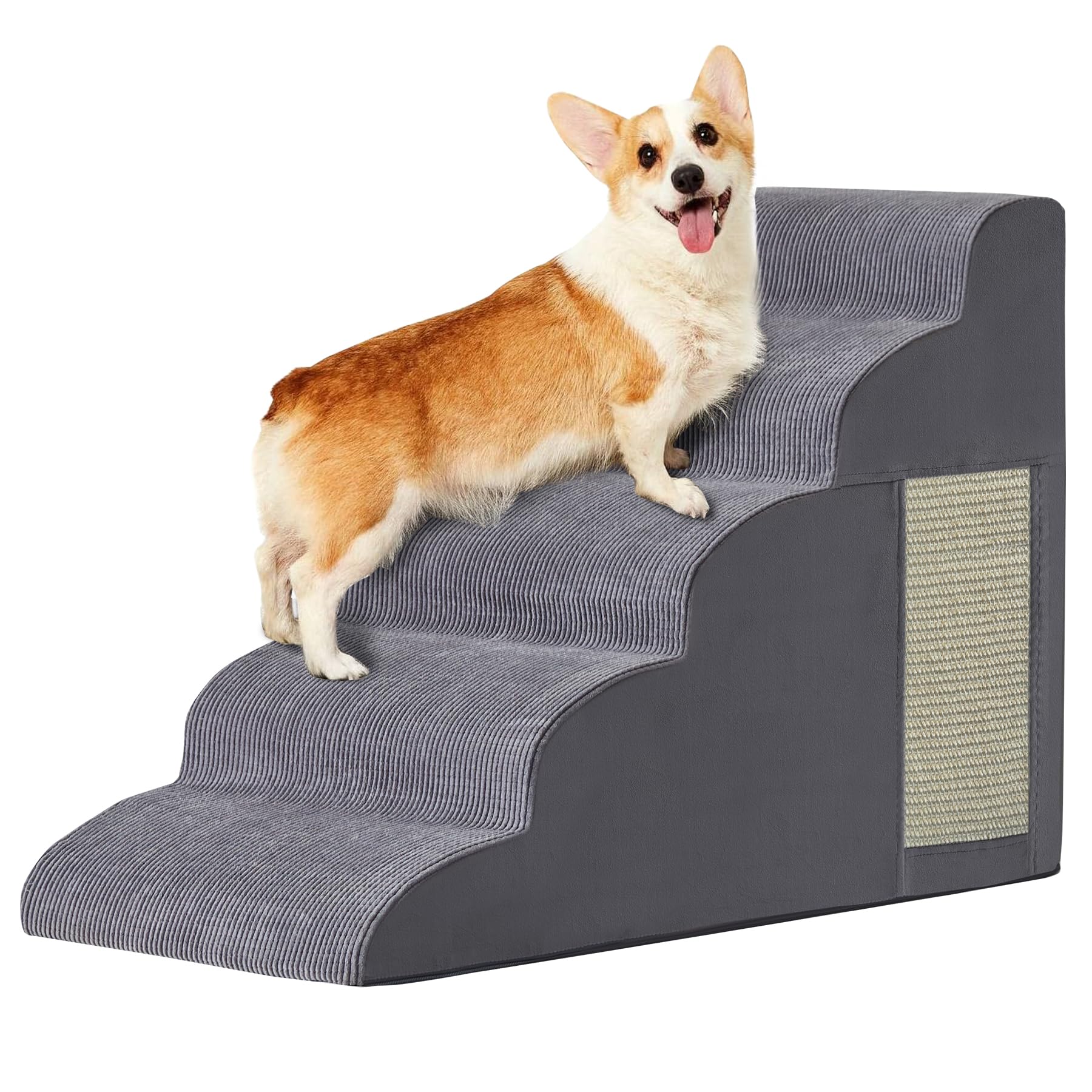 Photo 1 of Pet Stairs, Dog Stairs for Small Dogs, Dogs Steps, 5-Step Curved Dog Ramp for Bed, Couch, Sofa, Car and Chairs, Non-Slip Bottom Design, Cat Scratching Board, High Density Foam Portable Pet Step, Grey