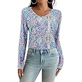 Erinaco Women's Boho African T Shirt V Neck Long Sleeve Tops Casual Loose Fall Basic Floral Tee Shirts Blouses Tunic Tops