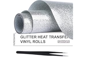 ARHIKY Silver Glitter HTV Heat Transfer Vinyl Rolls - 12" x 3ft Silver Glitter HTV Vinyl for Shirts, Glitter Iron on Vinyl for All Cutter Machine - Easy to Cut & Weed for Heat Vinyl Design (Silver)