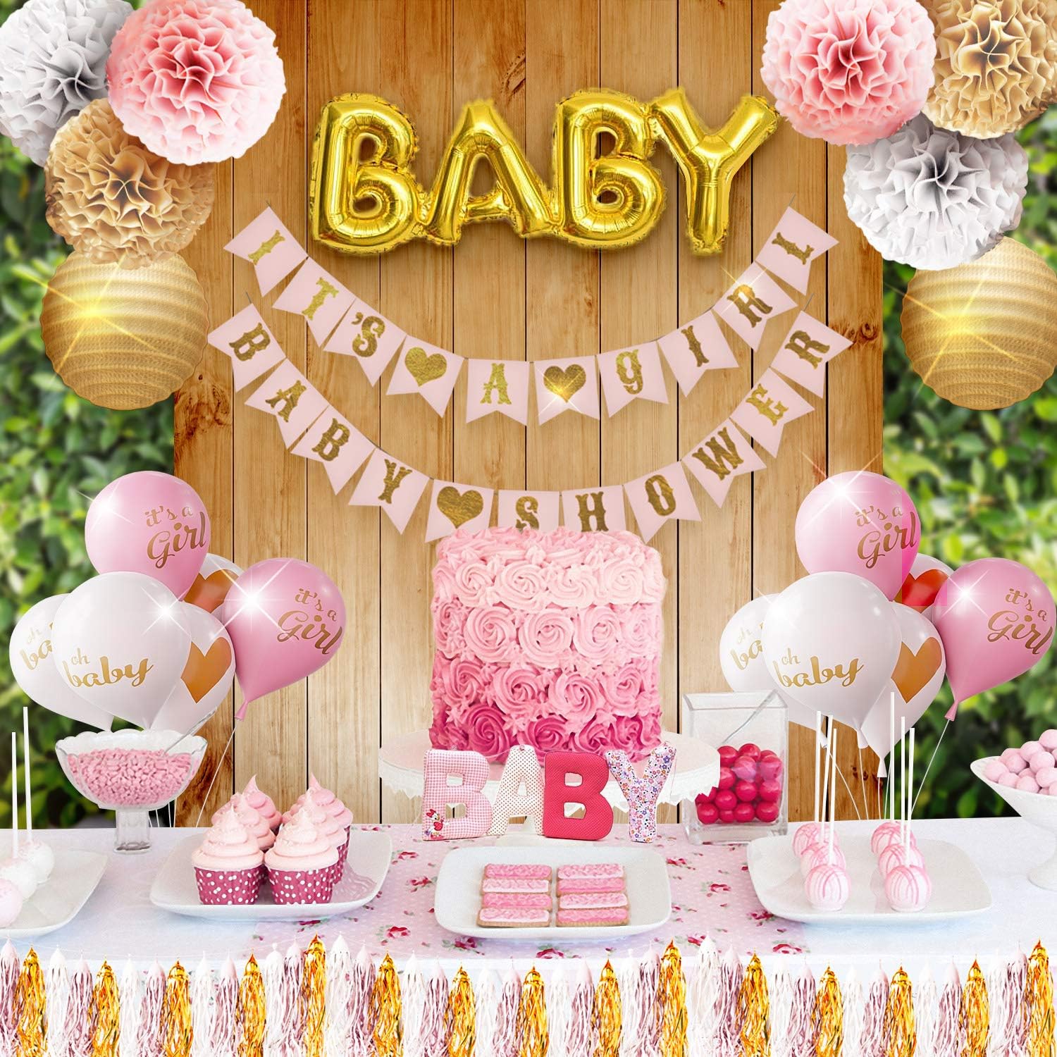 Girl Baby Shower Party Decorations Pink, White and Gold Theme Decor Set with Banners, Balloons, Poms, Lanterns, Tassels and Sash (42 Pieces)