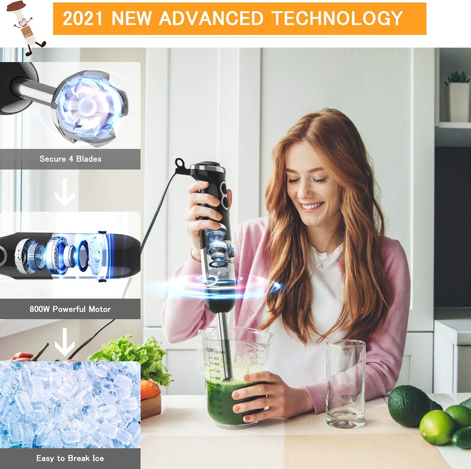 Immersion Hand Blender Handheld, COLAZE【5-in-1】800W 12 Speed Control Multifunctional Electric Stick Blender with Stainless Steel Blades, 500ml Chopper, 600ml Container, Egg Whisk, Milk Frother: Kitchen & Dining