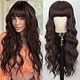 Lativ Brown Wig With Bangs Long Wavy Reddish Brown Wigs Synthetic Heat Resistant Curly Wigs for Women Daily Party Use 26 Inches