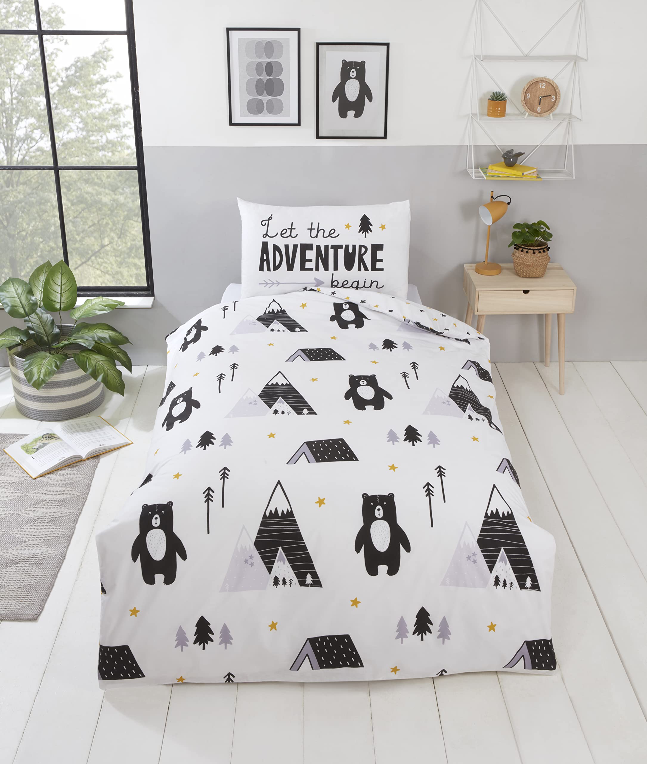 Rapport Home Kids Forest Grizzly Bear Duvet Cover Set - Reversible Single Bedding for Boys & Girls - Adventurous Woodland Theme