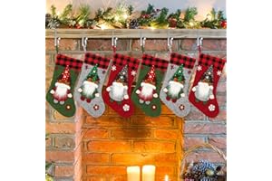 Foaincore 6 Pieces Christmas Stocking 18 Inches with 6 Pieces Zinc Alloy Christmas Stocking Holders Fireplace Adjustable Holders for Family Holiday Mantel Supplies (Gnome Style)