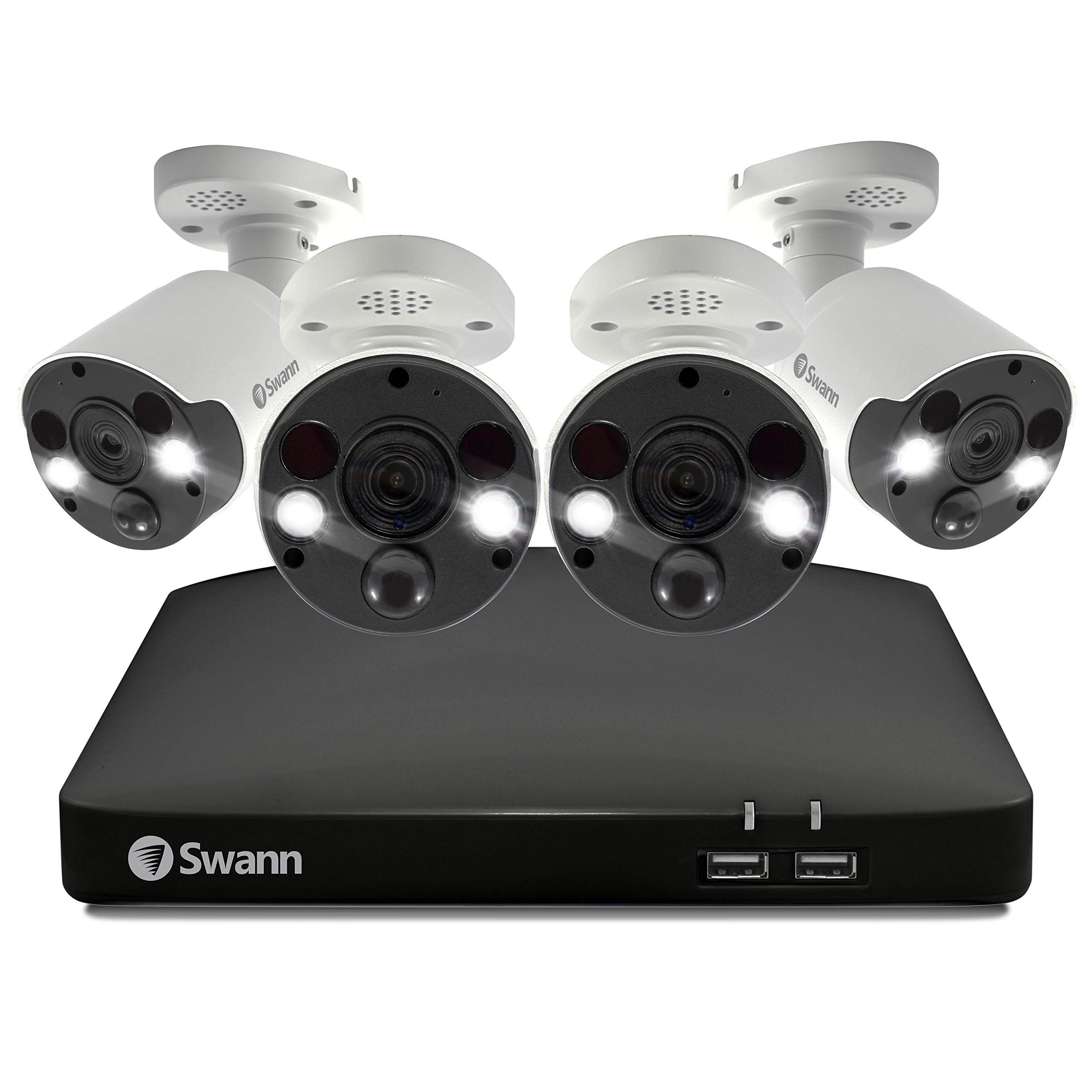 Swann Professional NVR Security System with 2TB HDD, 4 Camera 8 Channel, PoE, 4K UHD, Face Recognition, Indoor Outdoor Wired CCTV, Colour Night Vision, Heat Motion Sensing, Spotlights, 887804FB