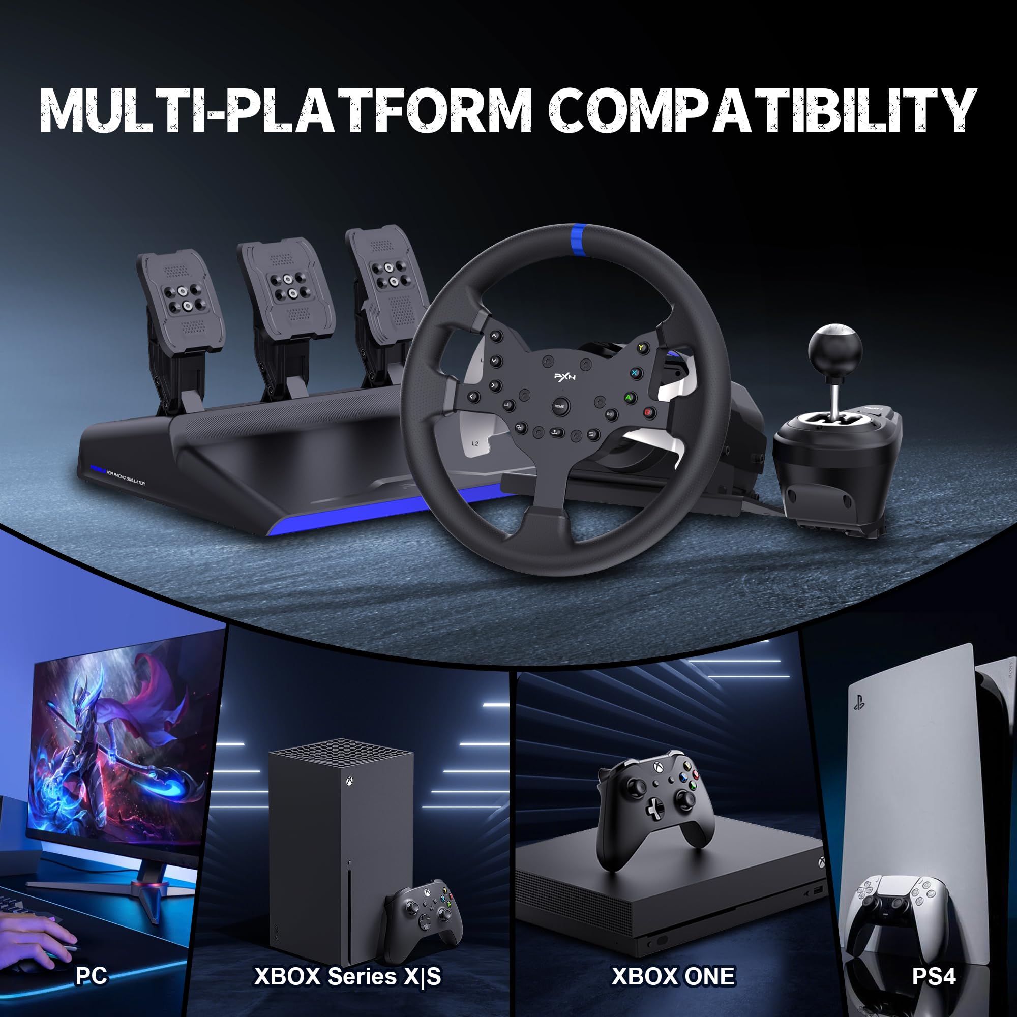 PXN V99 Force Feedback Steering Wheel, 270-900 Degree, with 3 - Pedals and Shifter Bundle for PC, PS4, Xbox One, Xbox Series X/S