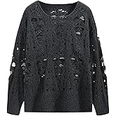 WDIRARA Men's Ripped Distressed Sweater Crewneck Long Sleeve Pullovers Oversized Hollow Out Knit Top Gothic Punk Rock Emo