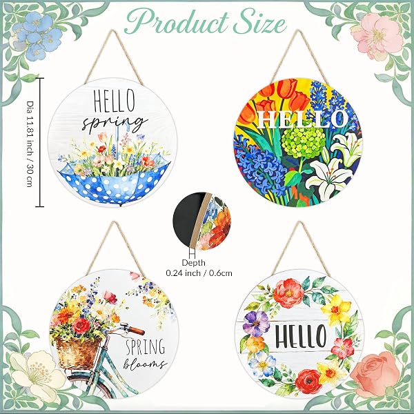 4 PCS HELLO SPRING DECORATIONS FOR HOME, COLORFUL FLOWERS WOODEN HANGING SPRING DOOR SIGN, WELCOME FLORAL LANDSCAPE WALL ART HANGER FOR FRONT DOOR DECORATION, 11.81″X11.81″ PROCH WREATH DECOR