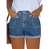 Eytino Women Plus Size Denim Shorts Trendy Stretch High Rise Rolled Hem Summer Casual Jean Shorts with Pockets(1X-5X)
