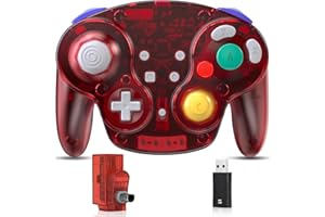 SAFFUN 2.4 GHz Wireless GameCube Switch Pro Controller, for NGC GameCube Console, Switch/Switch OLED, PC, Steam Deck (Built-in Rumble) (Rechargeable) (Plug and Play) Clear Red