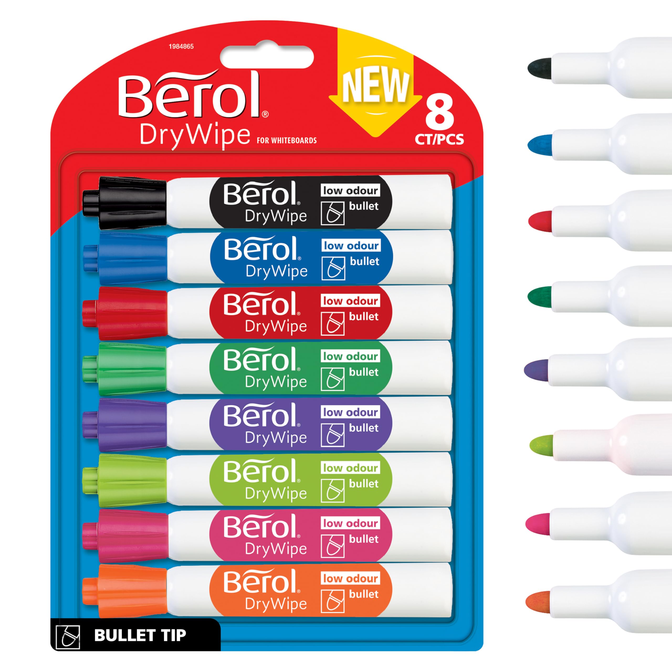 Berol Dry Wipe Whiteboard Marker Pens | Bullet Tip | Assorted Colours | 8 Count Dry Erase Markers