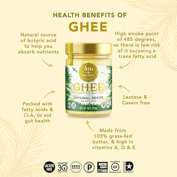 4TH & HEART ORIGINAL GRASS-FED GHEE, CLARIFIED BUTTER, KETO, PASTURE RAISED, LACTOSE AND CASEIN FREE, CERTIFIED PALEO (32 OUNCES)