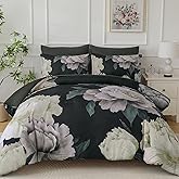 Dobuyly Black Comforter Set Queen 7 Piece Bed in a Bag, Floral Comforter Set with Sheets, Soft Microfiber Botanical Flower Bedding Set for All Season