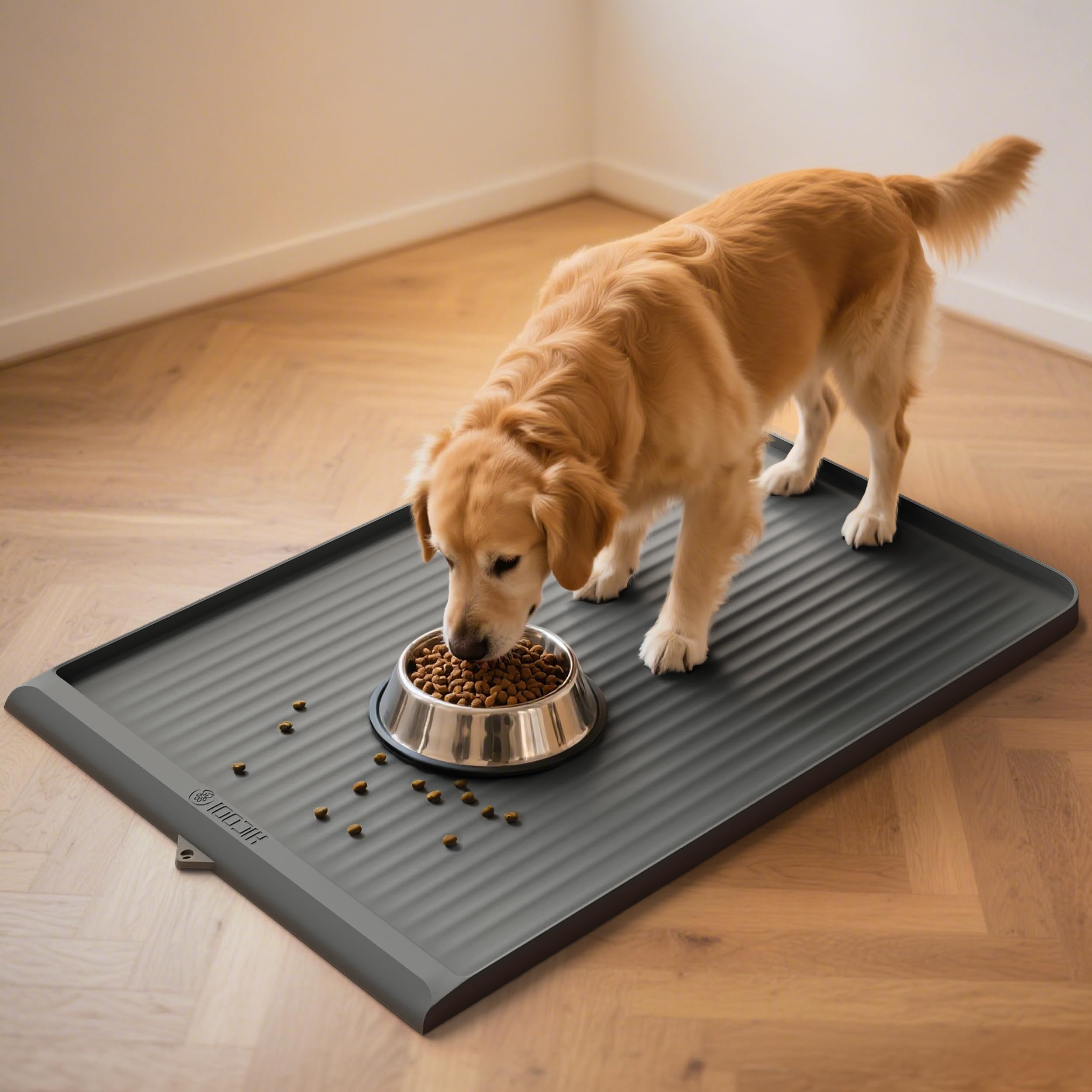 Photo 1 of Dog Food Mat 36"x24", Waterproof Pet Feeding Mat with Diversion Grooves and Raised Edges, Large Non-Slip Dog Bowl Mat for Food and Water, Cat Food Mat for Floors, Easy to Clean, Grey