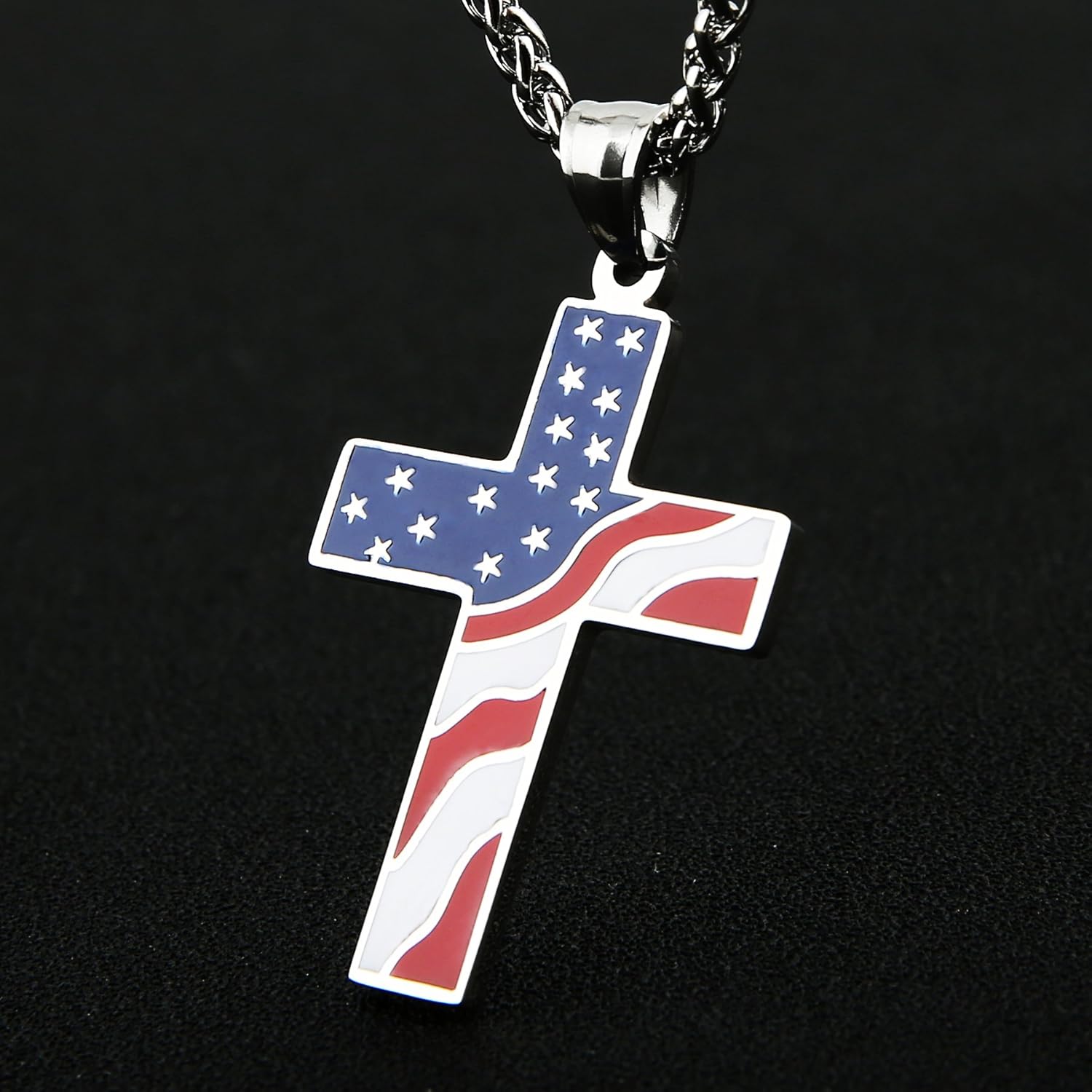 HZMAN American Flag Patriotic Cross Religious Jewelry Pendant Necklace, Silver: Clothing