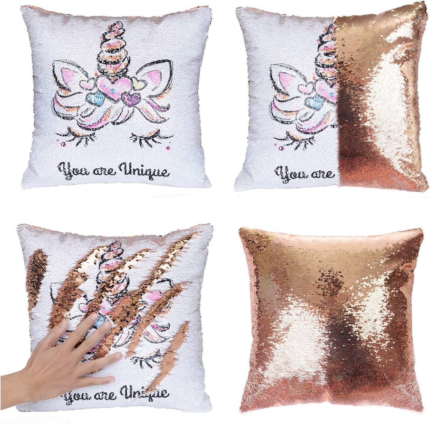 Merrycolor Unicorn Pillow Cover, Mermaid Sequin Pillows Case Magic Reversible Sequin Pillow Case Cushion Cover Unicorns Gift for Girls (Unicorn F -Gold Sequin)(Only Pillow Cover)