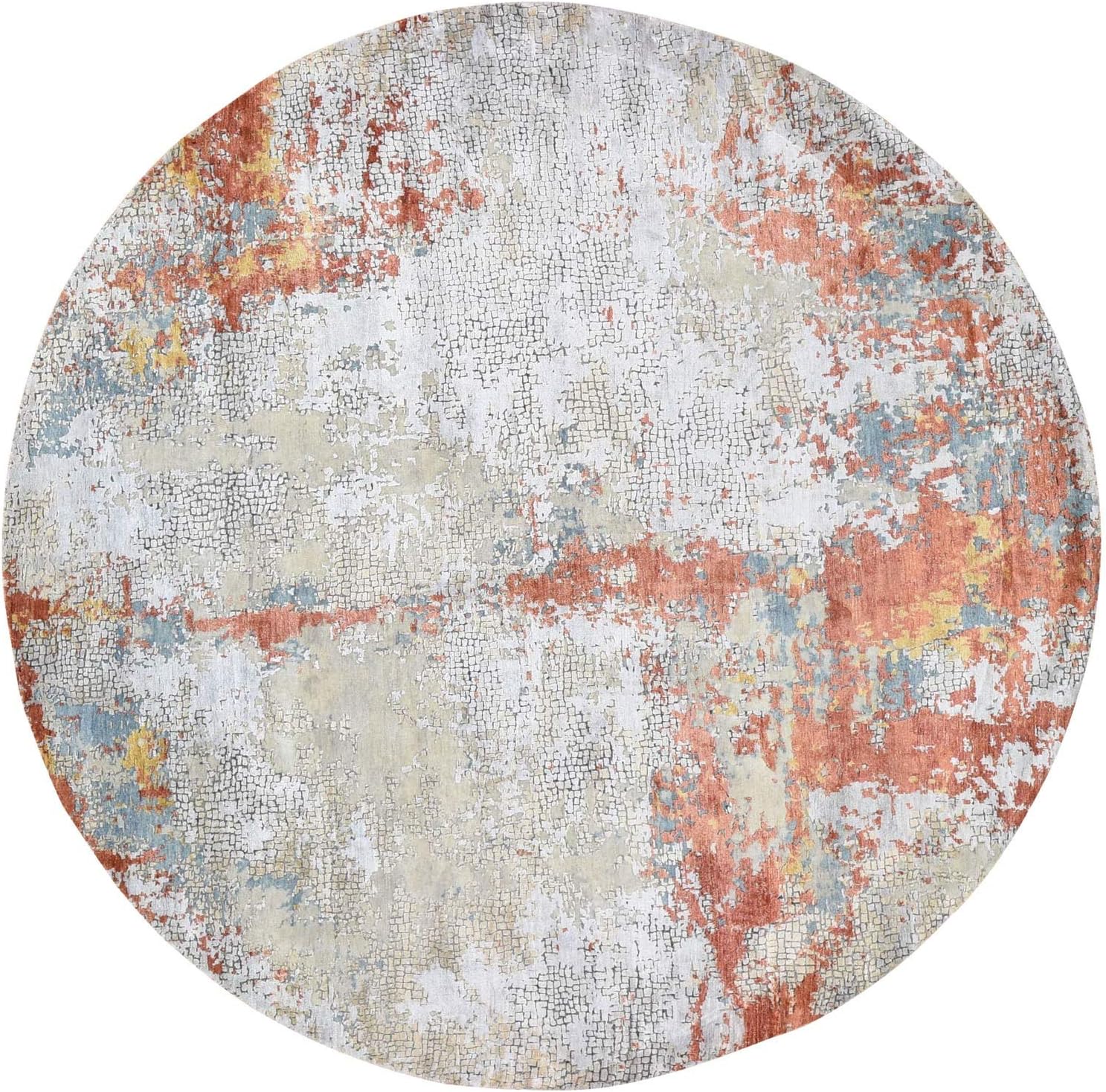 Shahbanu Rugs Round Wool and Silk Abstract with Fire Mosaic Design Hand Knotted Rug (9'10" x 9'10")