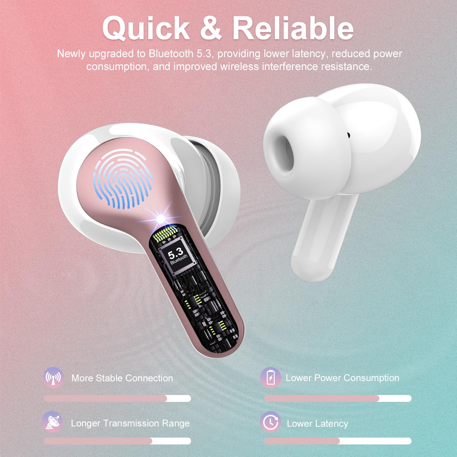 Wireless Earbuds, Bluetooth 5.4 Headphones HiFi Stereo, Bluetooth Earbuds with ENC Noise Cancelling Mic, IP7 Waterproof in Ear Earphones, 48H, LED Display Ear Buds for Pad Phones Workout, Rose Gold