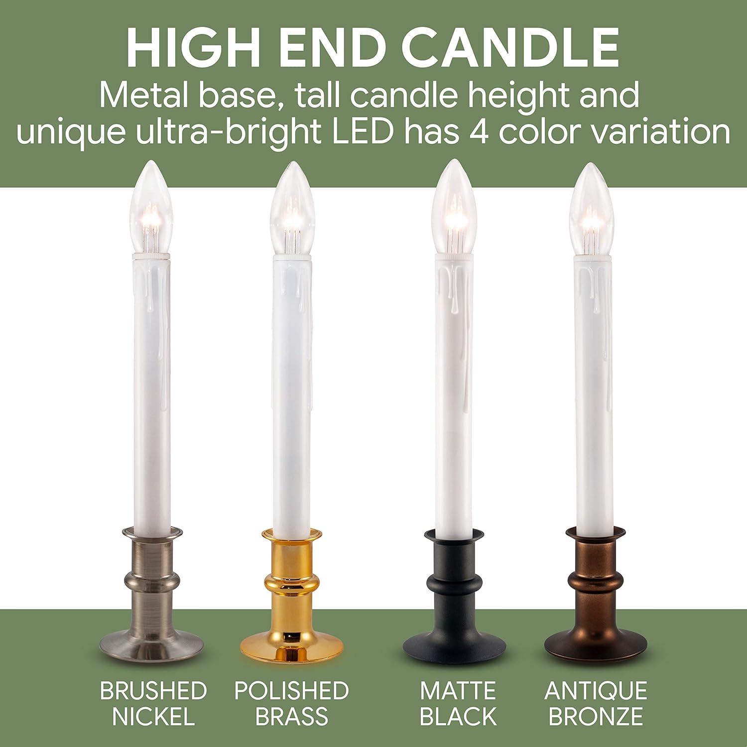 612 Vermont Ultra-Bright LED Window Candles with Timer, Battery Operated, Metal Base, White Candlestick, Adjustable Height (Pack of 4, Brushed Nickel): Home & Kitchen