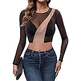 GAMISS Mesh Crop Tops for Women Long Sleeve O-Neck Sheer Shirt See Through Color Block Tees Shirts