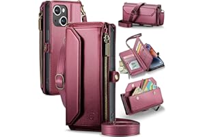 Strapurs Wallet Case Compatible with iPhone 14 RFID Blocking 7-Card Holder Soft PU Leather Magnetic Snap Shoulder Strap Zipper Pocket Phone Case Fit for iPhone 14 for Women 6.1" - Wine Red