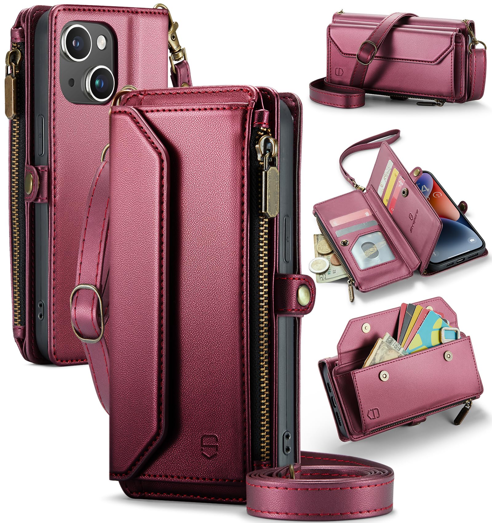 Strapurs Wallet Case Compatible with iPhone 14 RFID Blocking 7-Card Holder Soft PU Leather Magnetic Snap Shoulder Strap Zipper Pocket Phone Case Fit for iPhone 14 for Women 6.1" - Wine Red