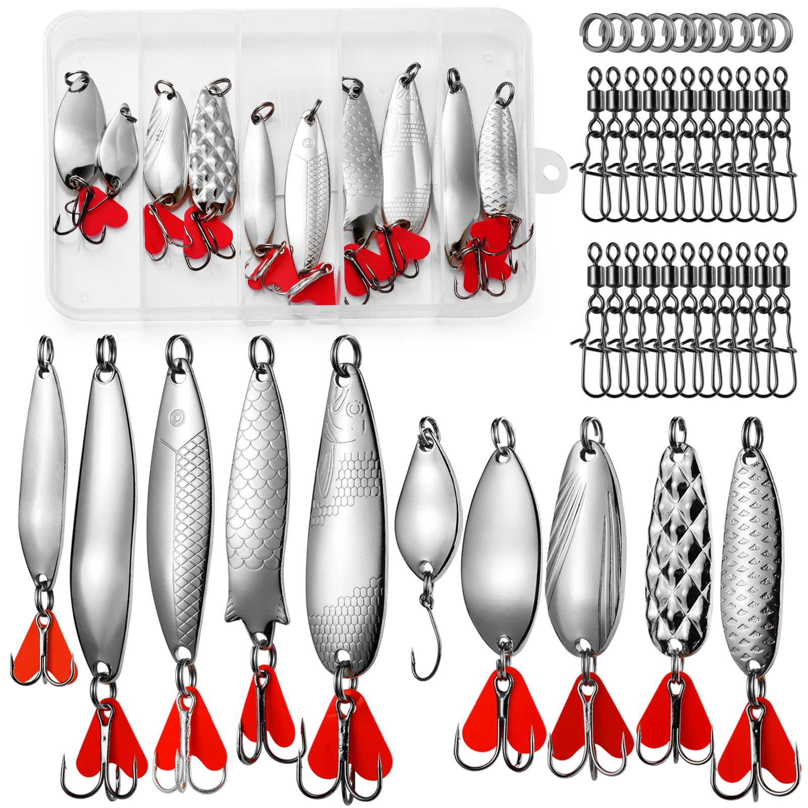 Realure 10 Pcs Spoons Fishing Lures Set 5g & 8g Silver Metal Fishing Spoons Lures with Treble Hooks, Casting Spoon Lures for Saltwater Freshwater, Pike Trout Bass Pike Sea Fishing Tackle Spoon